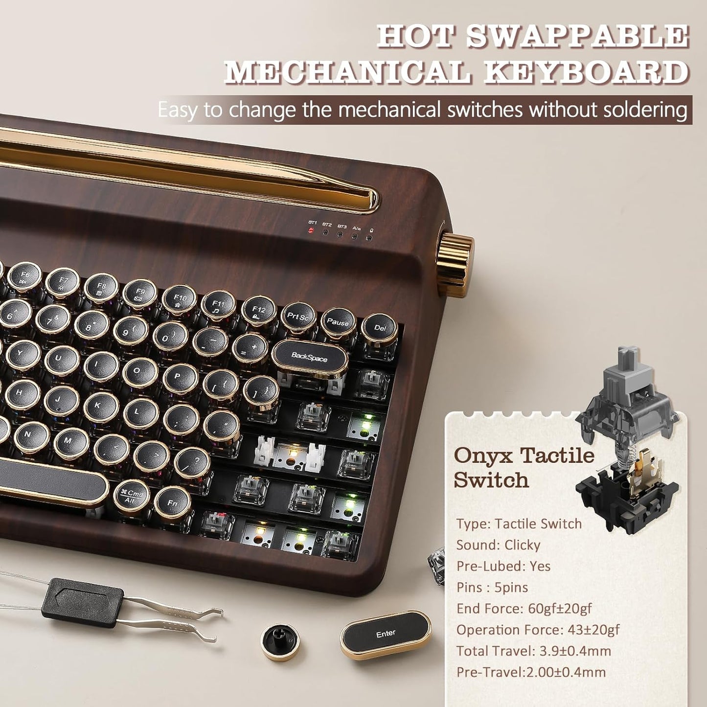 YUNZII QL75 Wireless Typewriter Hot Swap Retro Mechanical Keyboard,Punk Round Keycaps,RGB Backlit QMK/VIA Programmable, Multi-Device Keyboard with 2.4GHz/Type-C/BT5.0 (Wood, Cocoa Cream V2 Switch)