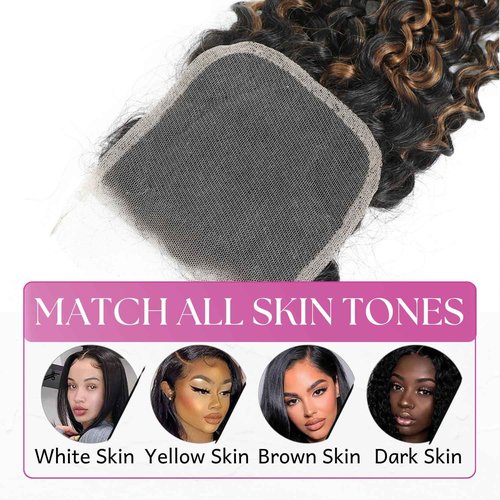 Anmetan Honey Blonde Highlight Black and Brown Ombre 4x4 Closure Water Wave Human Hair 20 In, 12A F1B30 Color Wet and Wavy 100% Remy Pre-plucked with Baby Hair Free-part Hairline 4x4 Lace Closure