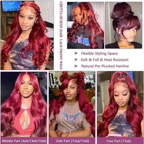 Ubetta 99j Burgundy Lace Front Wigs Human Hair,20 Inch Red Burgundy Wig Glueless 13x6 Body Wave Lace Front Wigs Human Hair Pre Plucked 180 Density 99J Red Burgundy HD Lace Frontal Wig for Black Women