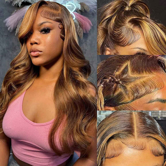 MARUOL Honey Blonde Ombre 13x6 Lace Front Wigs Human Hair 200% Density Highlight Body Wave HD Lace Front Wigs Pre Plucked Glueless P4/27 Colored Wig for Women Average Cap Tangle Free 22in