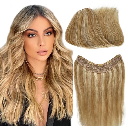 Benafee Clip in Hair Extensions Real Human One Piece 20 Inch 100 Gram Full Head Caramel Blonde to Platinum Seamless ins Straight Hair, 3.5274 Ounce
