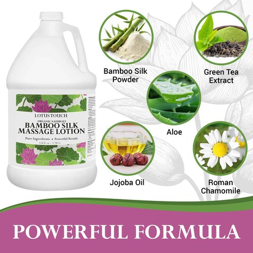 Organic Naturals Bamboo Silk Massage Lotion by Lotus Touch - 100% Pure Bamboo Silk Powder, Green Tea Extract & Aloe Vera - Unscented - Moisturizing, Fast Absorbing - Soft, Silky Glide - 1 Gallon