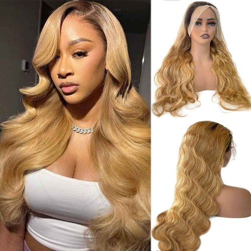 Body Wave Lace Front Wigs Human Hair Curly Wave Ombre 1B27 HD Lace Frontal Real Human Hair Wig for Black Women 13x4 Wavy Natural Black to Honey Blonde Glueless Wigs with Dark Roots Free Part 22 Inch