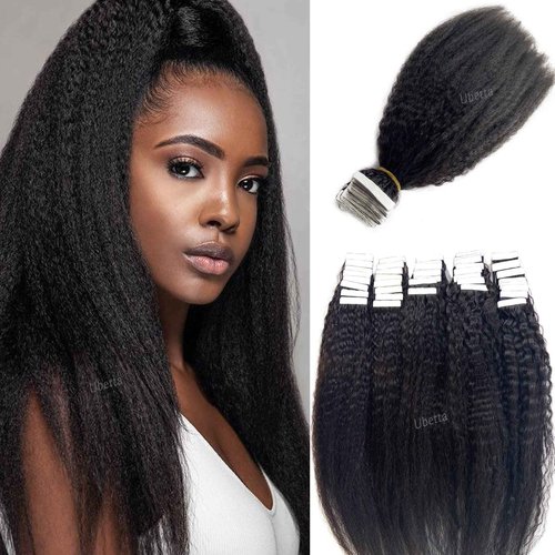 Tape in Hair Extensions Human Hair Kinky Straight 24Inch Natural Black Hair Extensions Real Human Hair Tape in Extensions for Black Women, 40 Pieces 100G Invisible Tape Hair Extensions for Short Hair