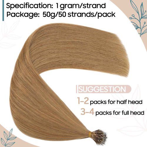 S-noilite Nano Bead Hair Extensions Human Hair Nano Ring Hair Extensions Balayage Pre Bonded Nano Tip Human Hair Extensions Nano Link Hair 50g 50 Strands 18 Inch #27 Dark Blonde