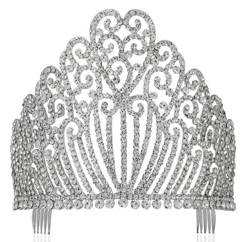 Janefashions 5.25" h Clear White Austrian Crystal Rhinestone Tiara With Hair Combs Crown Headband Headpiece Queen Princess Pageant Party Theater Show Silver Plated T11990 (Silver Plated With Side Combs)
