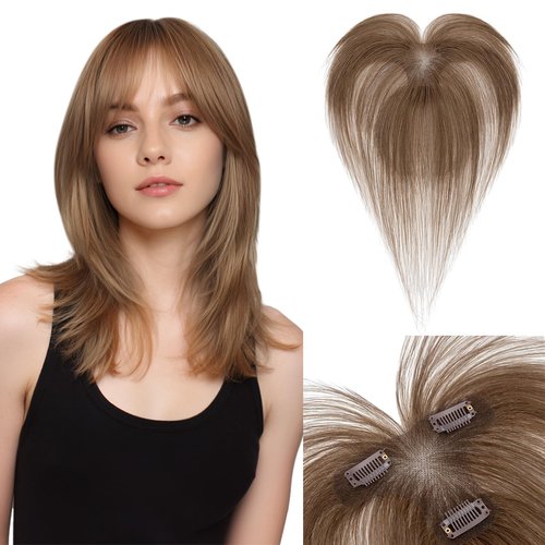 SEGOHAIR Women's Clip In Human Hair Topper, with 360° 3D Cover Air Bangs - for Thinning Hair, Straight, 11 Inch, Medium Brown, 9x12 CM Upgraded Seamless Silk Base, Lightweight, Breathable