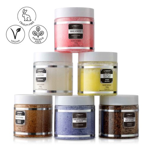 Body Scrub, Birthday Gifts for Women & Men, 6pc Exfoliating Body, Face, Hand Foot Scrub, Himalayan Salt, Brown Sugar, Coconut, Arabica Coffee, Acne Stretch Marks & Cellulite Remover, Essential Oils