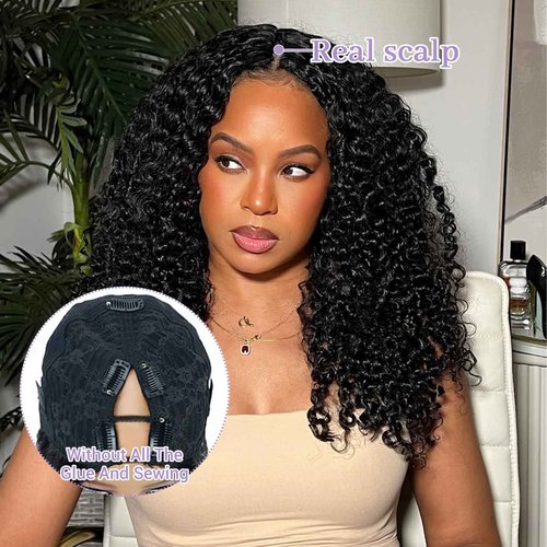DSEKCAIN Kinky Curly V Part Wig Human Hair Glueless Clip In 100% Real Human Hair Curly V part Wigs No Glue No Sew In Upgrade U Part Wig For Beginners Friendly 200 Density 18 Inch