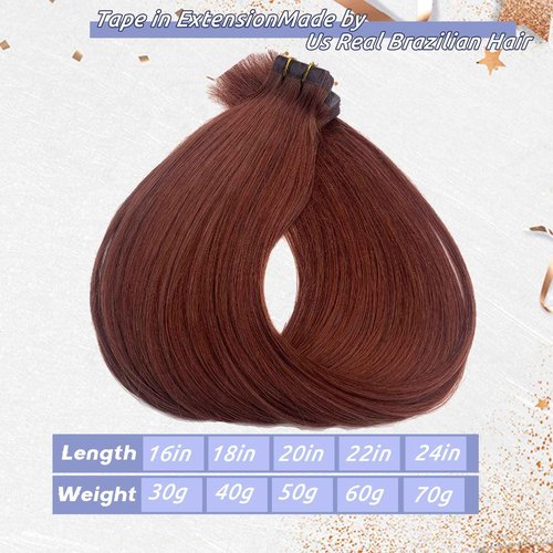 Tape in Hair Extensions Human Hair Seamless Skin Weft Silk Straight Mapel Leaf Red Colored Hair Extensions 20pcs 50g/pack Invisible Adhesive Tape on 100% Remy Hair Extensions(20Inch #33 Dark Auburn)