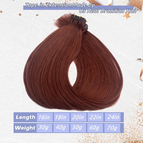 Dark Auburn Remy Tape in Hair Extensions Premium 100% Human Hair with Invisible Tape Attached Semi Permanent Hair Extensions 24Inch Silk Straight Human Hair Extensions 70grams for Girls/Women