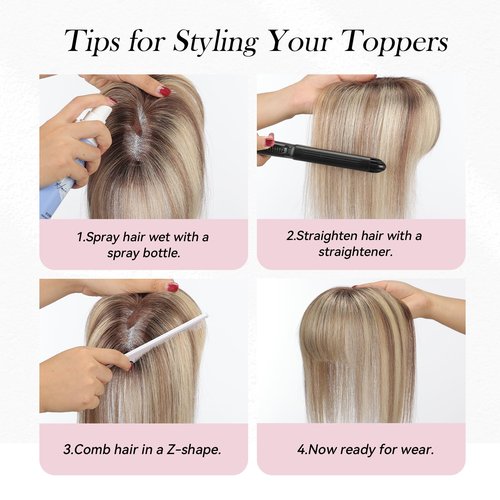 EMMOR 10 Inch Real Human Hair Topper for Women - Upgrade Swiss Lace Base with 3 Non-Slip Clips, 4.5" x 3" Clip in Bangs for Thinning Hair & Natural Hair Loss Coverage(Ombre Brown & Blonde Highlight)