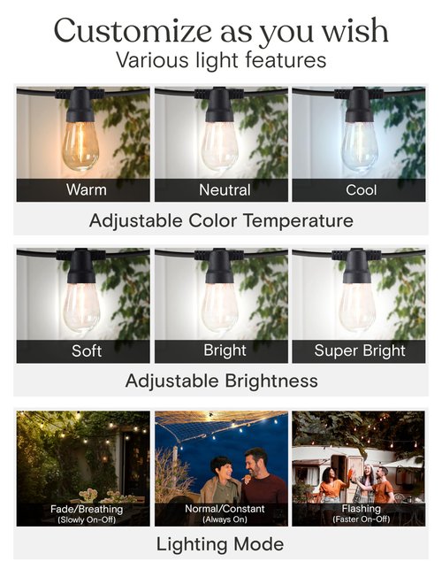 Brightech Ambience Pro 27-Ft Solar String Lights for Outside - Super Bright Remote Control Color Adjustable Outdoor String Light - Commercial Grade String, Waterproof LED for Patios, Camping, 12 Bulbs