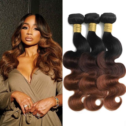 T1B/2/30 Chestnut Brown Ombre Human Hair Bundles Body Wave 100% Real Virgin Human Hair Bundles Dark Roots Bundle 3 Tone Ombre Medium Auburn Colored Sew in Quick Weaves 14 16 18 Inch