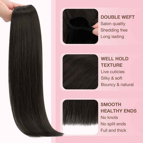 GOO GOO Sew in Hair Extensions Real Human Hair, Weft Hair Extensions Human Hair, 2 Dark Brown 20inch 105g, Weft Bundles Straight Silky Remy Hair
