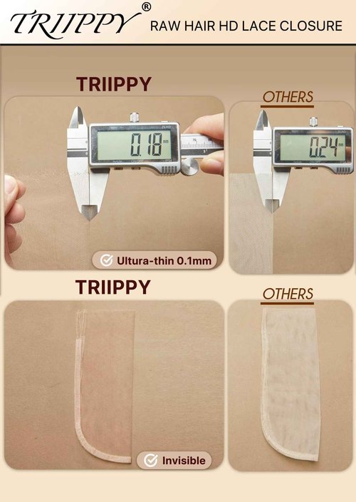 Triippy Raw Hair 5x5 HD Lace Closure Body Wave More Less Shedding than Regular Virgin Hair,0.10mm Ultra-Thin 5x5 Swiss Real HD Lace with 100% Raw Cambodian Human Hair(12 Inch)