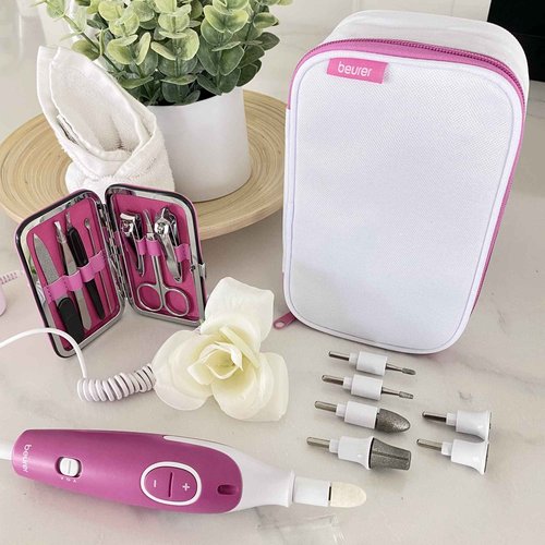 Beurer MP44 Professional Manicure and Pedicure Nail Drill Set, E-File with 7 attachments, LED Light, Electric Nail File with Additional Manual Nail kit, Pink