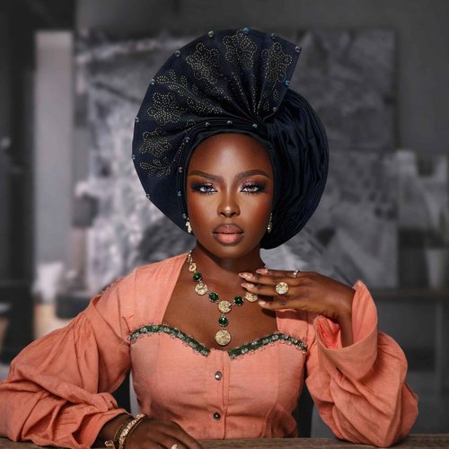 Nigerian Women's hat Folding Fan African Headscarf hat,African headpiece Auto Gel Headwear,Suitable for Weddings Parties (Black)