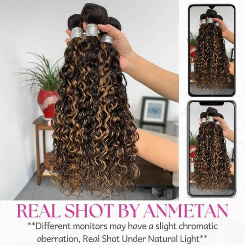 Anmetan Highlight F1B30 Honey Blonde Brown Curly Bundles Water Wave Human Hair, Thick 12A Black with Brown Highlight Unprocessed Human Hair Wet and Wavy 3 Bundles Wavy 10/12/14 In