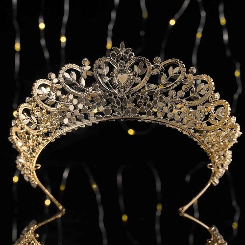Gold Quinceanera Crown Heart Shaped Zirconia Diamond Princess Pageant Queen Wedding Tiara for Bride Bridal Hair Accessories