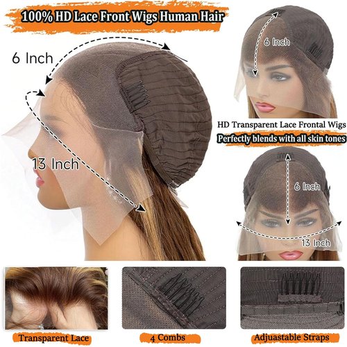 Teveshine 24inch Brown Highlighted Wig Human Hair 13x6 Straight Lace Front Wigs Human Hair Pre Plucked With Baby Hair 180% Density Glueless 4/27 Blonde Highlight Wig