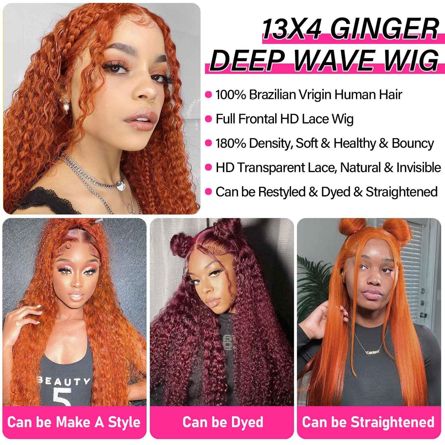 22 Inch Ginger Lace Front Wigs Human Hair Deep Wave 13x4 HD Transparent Full Lace Frontal Wig Human Hair for Women 180% Density 350# Orange Colored Glueless Deep Curly Wigs Human Hair Pre Plucked