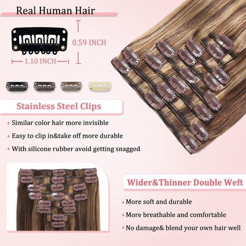 Clip in Hair Extensions Real Human Hair Clip in Extensions for Women Seamless Balayage Chocolate Brown to Honey Blonde Straight Remy 100% Human Clips ins Extension 8pcs Double Weft 20 inch 3.7oz/105g
