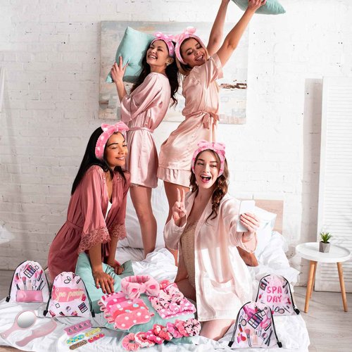 Janinka 108 Pcs Spa Party Favors Supplies Bulk, Include Pink Spa Headband, Scrunchies, Eye Mask, Nail File, Toe Separator, Comb, Mirror, Drawstring Bag for Sleepover Slumber Party Gift(Striped)