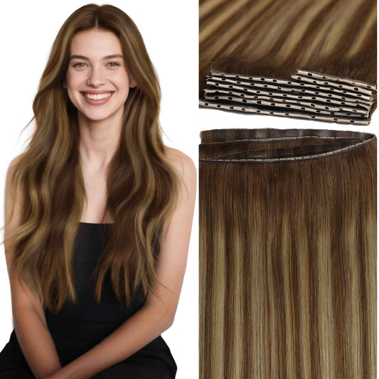 Lacer Double Invisible Weft PU OVO Human Hair Extensions 16in Butterfly Extensions Human Hair Chocolate Brown To Caramel Blonde With Brown Roots Glueless Micro Beads Tape Width 31.5" For Women 100g
