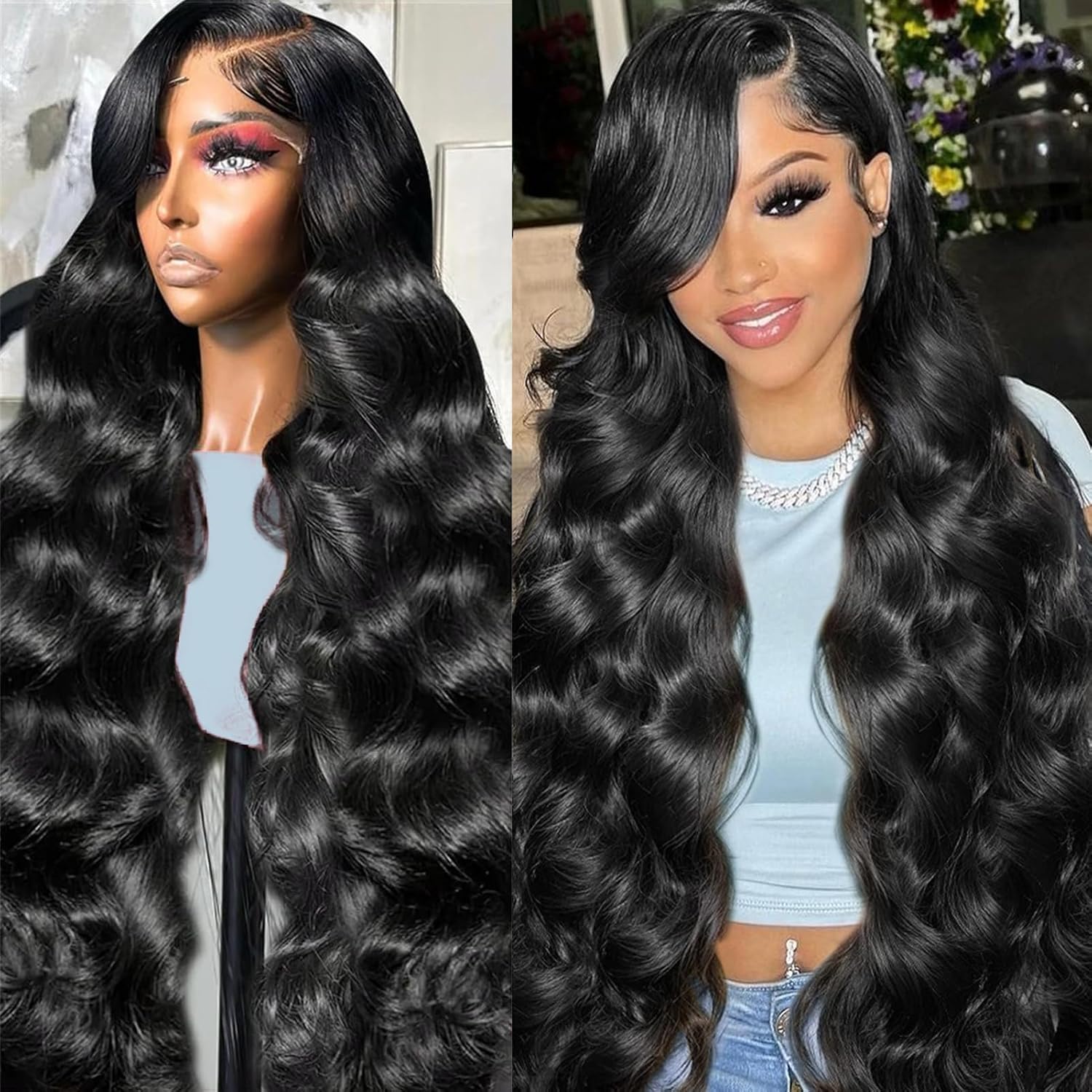 Giginger Body Wave Human Hair Wig 200% Density 13X4 Lace Frontal Wig 18 Inch Full Large Lace Space 13X4 Natural Black Body Wave Wigs Human Hair Pre Plucked For Black Women