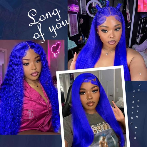 TYUKY 28 Inch Blue Lace Front Wig Human Hair 200 Density Human Hair Wig 13X4 HD Lace Front Wigs Human Hair Pre Plucked Human Hair Wig Color Blue Wig Human Hair Blue Lace Frontal Wigs Human Hair