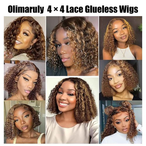 olimaruly Highlight Ombre Honey Blonde Curly Bob 4x4 Lace Wig Deep Wave Wigs Pre Plucked Pre Cut Bleached Knots 10 Inch Wear And Go Glueless for Woman Pre Plucked With Baby Hair for Black Women