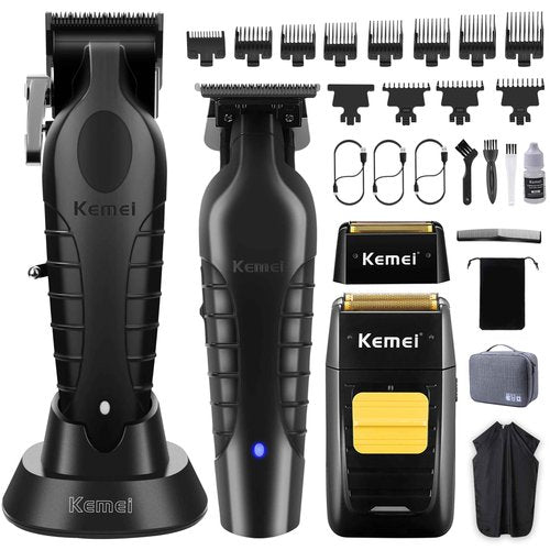 KEMEI Professional Hair Clipper and Trimmers Set, Cordless Barber Clippers, Beard Trimmer, Electric Foil Shaver with Replacement Heads, KM-2299, KM-2296, KM-1102
