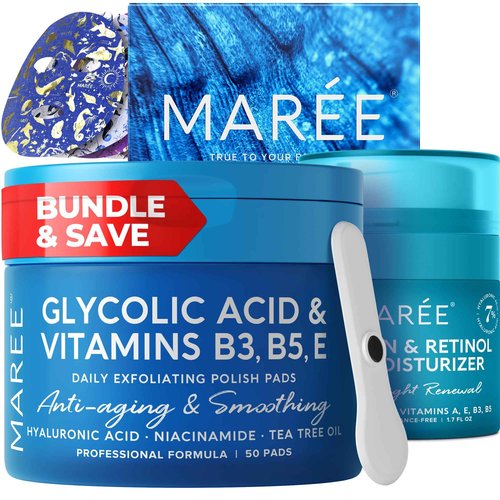 MAREE Bundle - Glycolic Acid Peel Pads, Sheet Moisturizing Masks & Face Moisturizer Cream - Salicylic Acid, Marine Collagen & Hyaluronic Acid, Retinol - Cleaning Effect, Hydrating & Anti Aging Cream