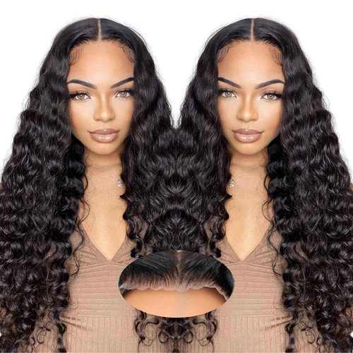 Qokyku Glueless Wigs Human Hair Pre Plucked Pre Cut Deep Wave Lace Front Wigs Human Hair 5x5 HD Lace Closure Wig 180 Density Wear and Go Wig for Black Women Beginner Friendly 24 Inch
