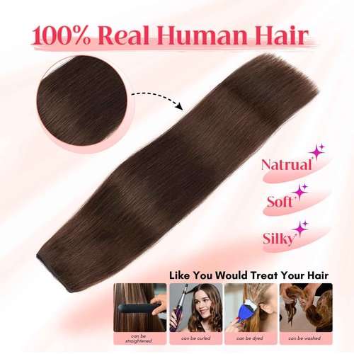 Rich Choices 100% Real Human Halo Hair Extensions for Women Remy Halo Extension Invisible Wire Hairpiece Clip in One Piece Hairpiece Upgrade Adds Weight 80g 16 Inch #02 Dark Brown