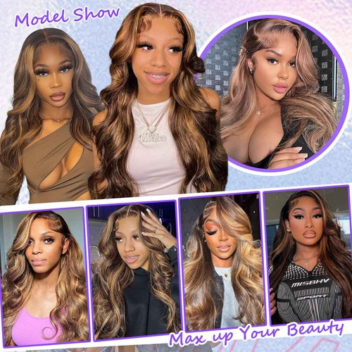 BYWEEW Honey Blonde Ombre Lace Front Wig Human Hair Highlight Body Wave 13X6 Lace Front Wigs 180 Density Glueless 4/27 Highlighted Human Hair Wig 26 Inch