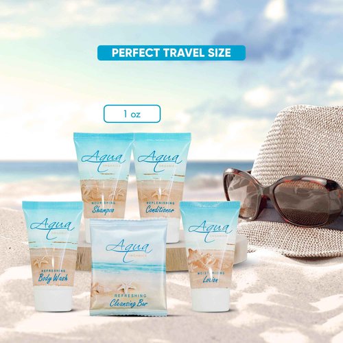 Aqua Organics Hotel Soaps & Toiletries Bulk Set | 1-Shoppe Amenities Kit | 1oz Shampoo & Conditioner, Body Wash, Lotion, 1oz Bar Soap | Travel Size | 75 Pieces