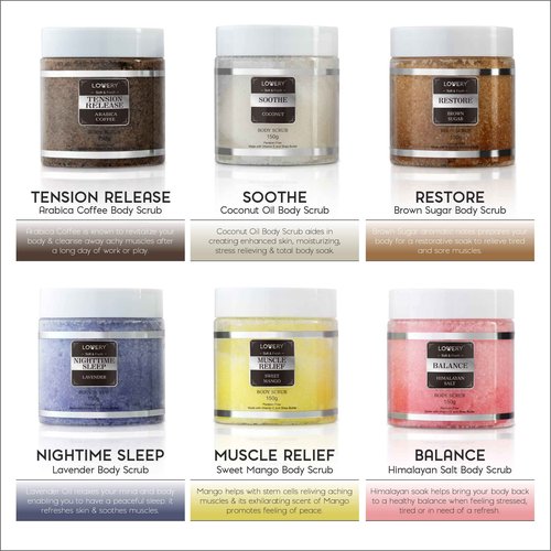 Body Scrub, Birthday Gifts for Women & Men, 6pc Exfoliating Body, Face, Hand Foot Scrub, Himalayan Salt, Brown Sugar, Coconut, Arabica Coffee, Acne Stretch Marks & Cellulite Remover, Essential Oils