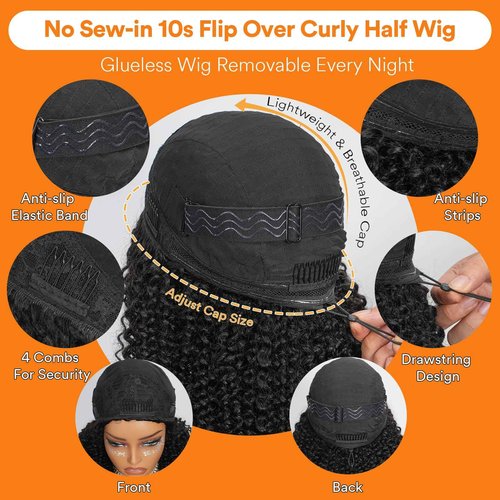 SheBase Kinky Curly Half Wig Human Hair 250% Density 16 Inch Burmese Kinkycurly Wig Human Hair,3 In 1 Seamless Flip Over Drawstring Ponytail Headband Wig Human Hair Glueless Wear and Go