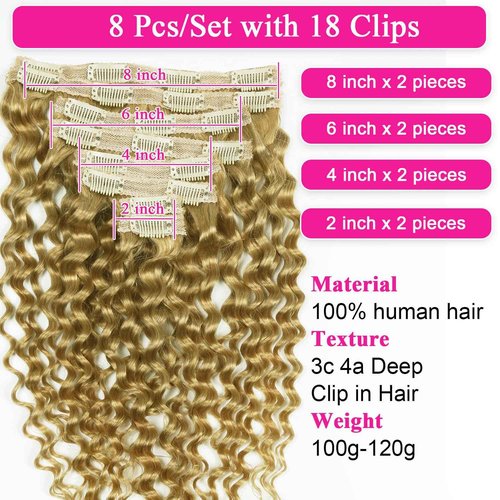 Blonde Clip in Hair Extensions Real Human Hair Deep Curly Glueless Extensions for Black Women 100g/3.5oz Remy Wear and Go 8pcs Double Wefts Invisible Seamless Clip ins Hair 16 inch Wet and Wavy