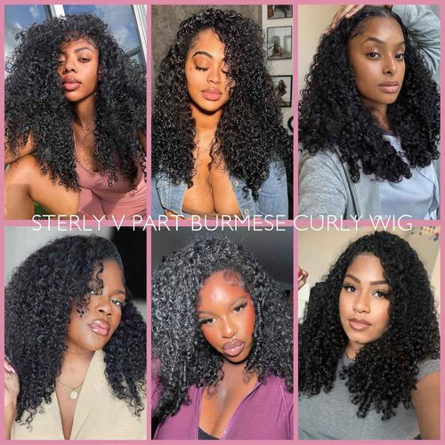sterly V Part Wig Human Hair Glueless No Leave Out Upgrade U Part Wigs Burmese Curly Wig with Spiral End Deep Curly Wigs For Women Full Head Clip In Half Wigs 200% Density 18inch