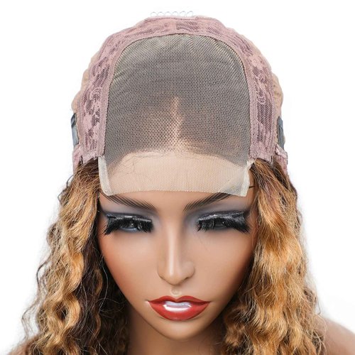 BLY Highlight Human Hair Lace Front Wigs Deep Wave #4/27 Ombre Colored Glueless Wigs Pre Plucked 16 Inch 4x4 Transparent Curly Water Wave Lace Wig Honey Blonde Real Human Hair 180% Density