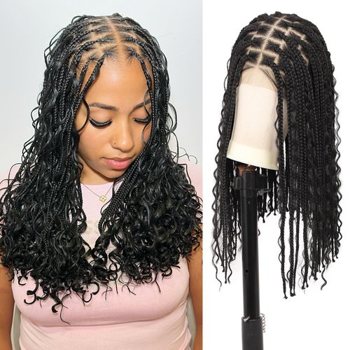 Zurffiy 13x8 Inch HD Lace Short Boho Braided Wigs for Women Knotless Braided Wigs with Curly End Synthetic Hair Brown Box Braid Wig with Baby Hair 18 Inch