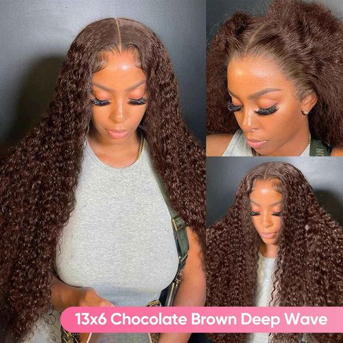 Chocolate Brown 13x6 Deep Wave Lace Front Wigs Human Hair 210Density Curly Wig HD Lace Front Wigs Human Hair Pre Plucked Frontal Wigs Human Hair Brown Glueless Wig For Women 22Inch