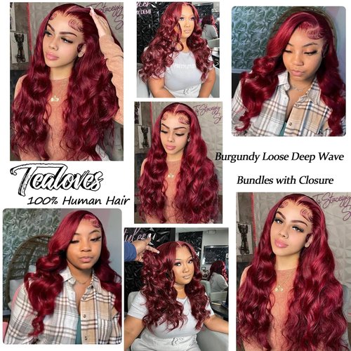 99J Burgundy Bundles with Closure,Wine Red 99J Colored Loose Deep Wave Bundles with 4x4 Lace Closure Red Human Hair with Closure (99j Burgundy Loose Deep 12 14 16+12)