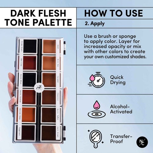 Narrative Cosmetics 12 Color Dark Flesh Tone Alcohol Activated Makeup Palette Kit - Includes Alcohol Activator and Moisturizing Remover - Waterproof Makeup for Professional Makeup Artists