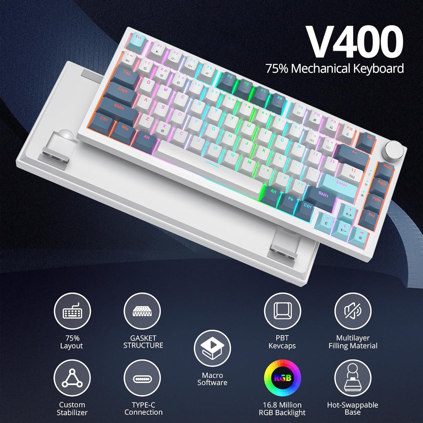 75% TKL Wired Mechanical Keyboard,RGB Backlit Gasket Mount 82 Key Hot Swappable Custom Linear Red Switch Gaming Keyboard with Volume Knob & PBT Keycaps (82 White Earth)