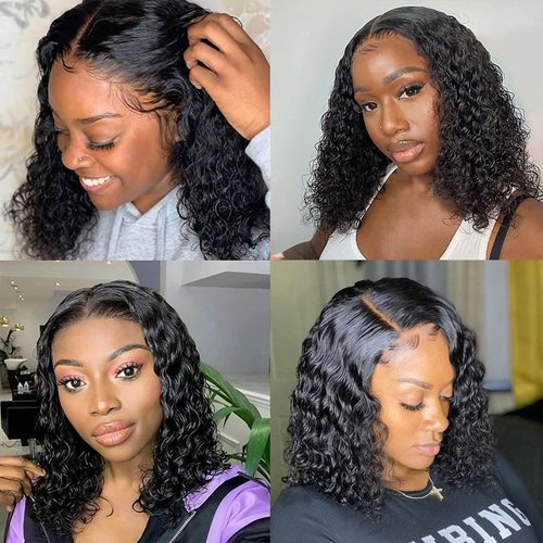 Sol Soal 12 inch Water Wave Human Hair Deep Curly Short Bob Lace Front Wigs 13x4 Transparent Lace Frontal Wigs for Black Women Glueless Wet and Wavy Lace Front Wigs Human Hair