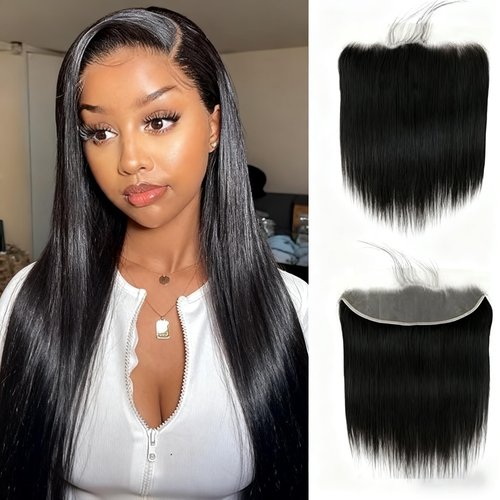 Straight Lace Frontal 13x4 Ear to Ear 100% Virgin Remy Human Hair Transparent HD Lace Frontal Closure 150% Density Straight Hair Closures With Baby Hair Natural Black (20 Inch)